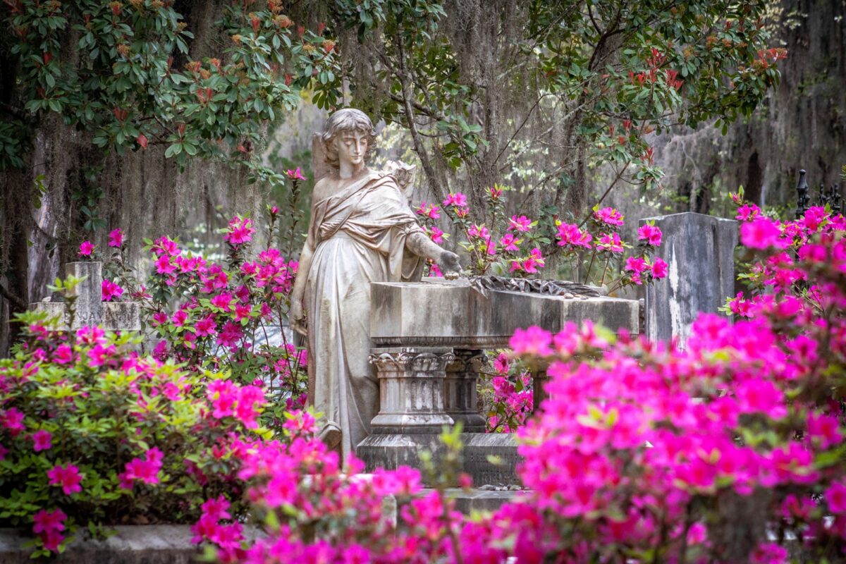 Stone statue beside a cemetery monument surrounded by bright pink azaleas at Bonaventure Cemetery in Savannah