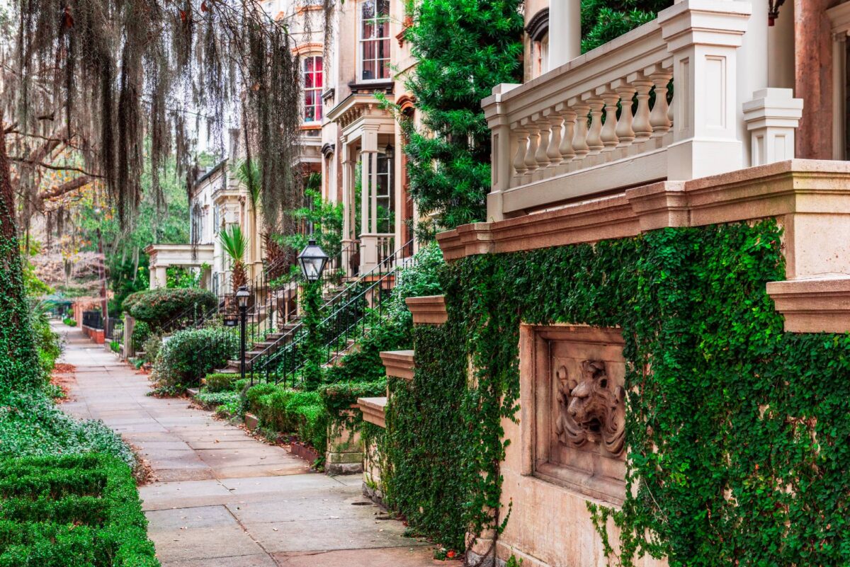 Tree-lined sidewalk beside historic rowhouses, ivy-covered walls and ornate stonework in Savannah, Georgia