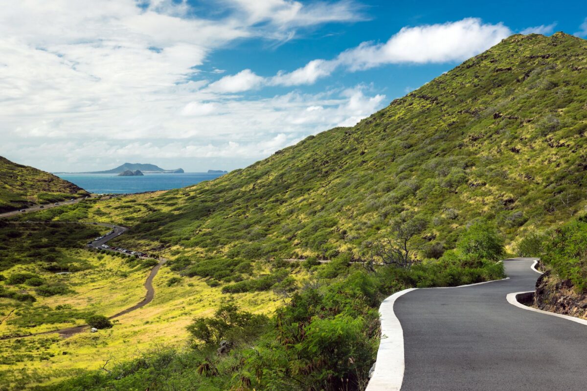Makapuʻu Point Lighthouse Trail winds through the Kaiwi State Scenic Shoreline on Oahu, Hawaii.