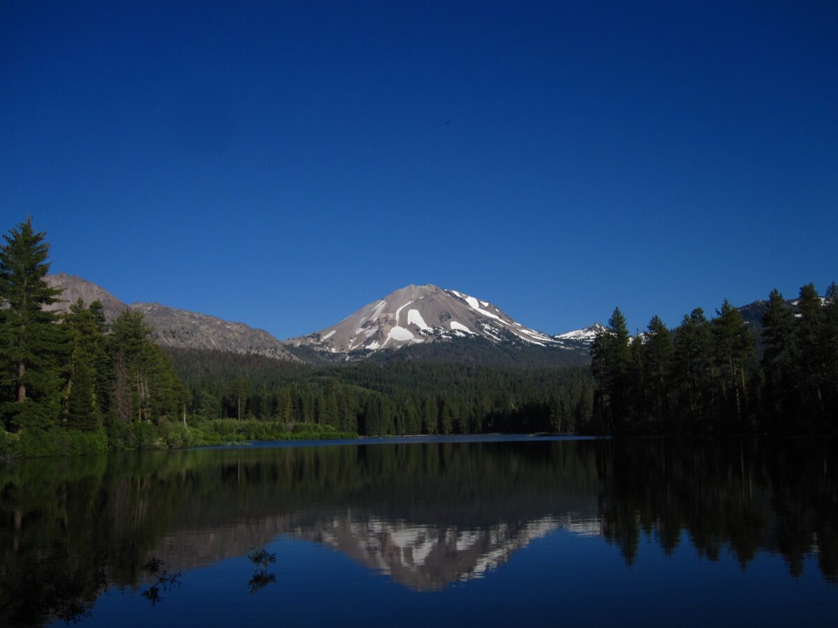 Lassen Peak reflected in Manzanita Lake at Lassen Volcanic National Park