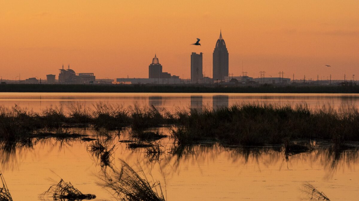 The Mobile, Alabama, skyline at sunset, viewed from Meaher State Park.
