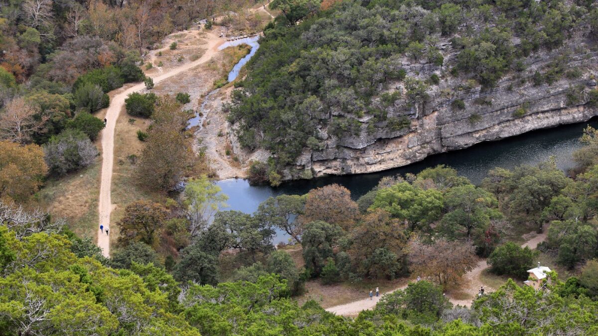 Hill Country landscape viewed from a hiking trail at Lost Maples State Natural Area in Texas